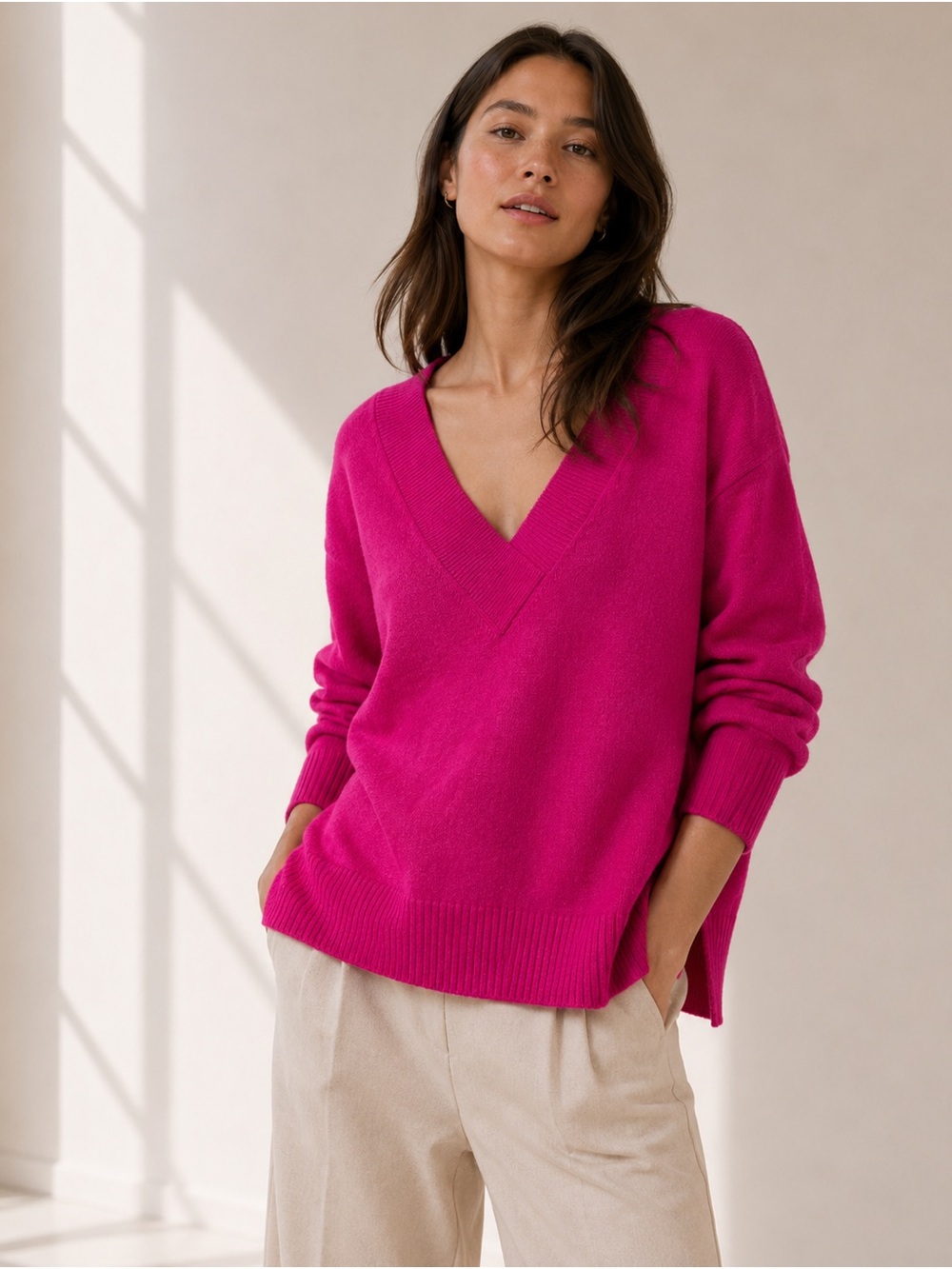 Anthropologie Galizia V Neck Tunic Sweater S Pink Oversized Long Sleeve Knit